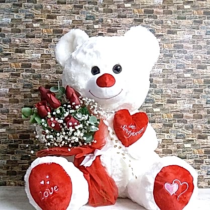 Büyük Beyaz Peluş ve Güller 65 Cm